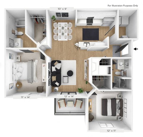 Floor plan for 2 beds, 2 baths, 1030 sqft